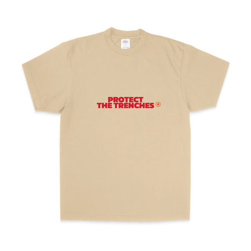 Beige t-shirt with red text 'PROTECT THE TRENCHES' on a white background