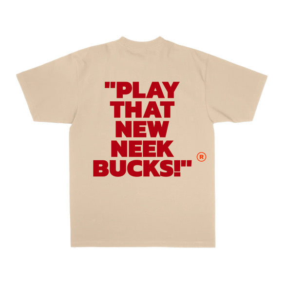 Beige t-shirt with red text on a white background